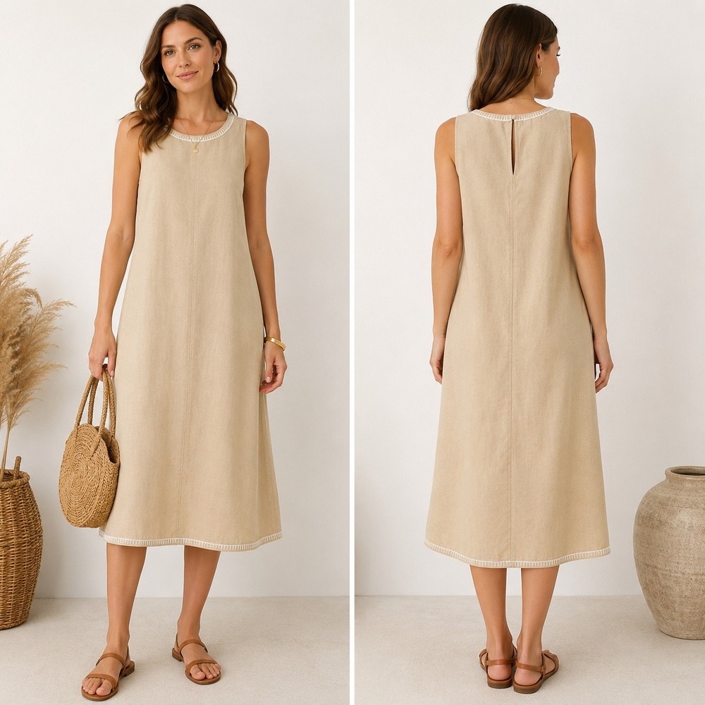 Magaschoni Linen Blend Midi Dress L Beige Womens Sleeveless Blanket Stitch